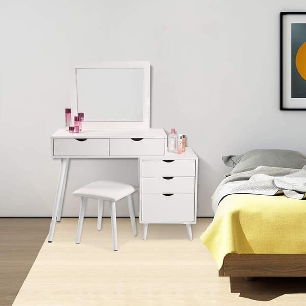 Rootz kosmetisk sminkebordssæt med skammel - Vanity Desk - Makeup Station - Rigelig opbevaring, alsidigt design, indbygget stort spejl - MDF og glas -