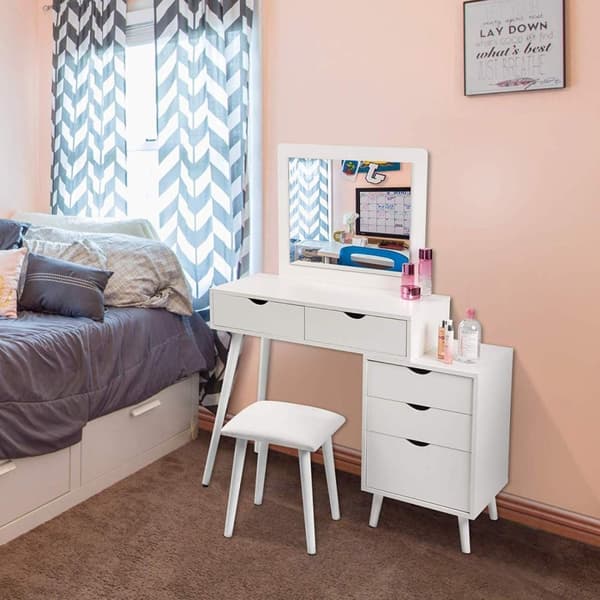 Rootz kosmetisk sminkebordssæt med skammel - Vanity Desk - Makeup Station - Rigelig opbevaring, alsidigt design, indbygget stort spejl - MDF og glas -