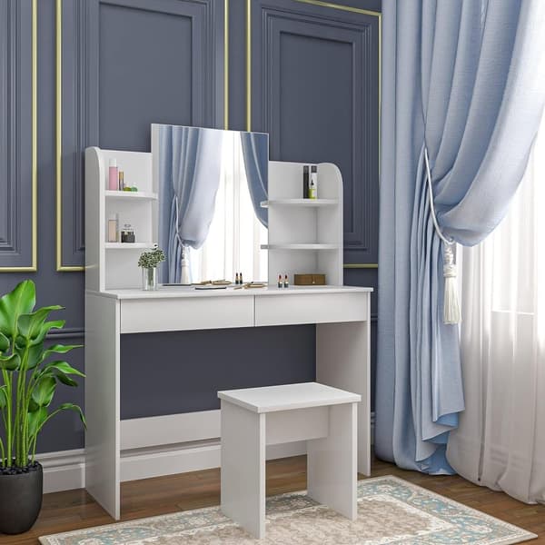 Rootz Toiletbordssæt med skammel og spejl - Sminkebord - Makeupbord - Træ af høj kvalitet - Rigelig opbevaring - Stort spejl - Holdbart design - 40 cm
