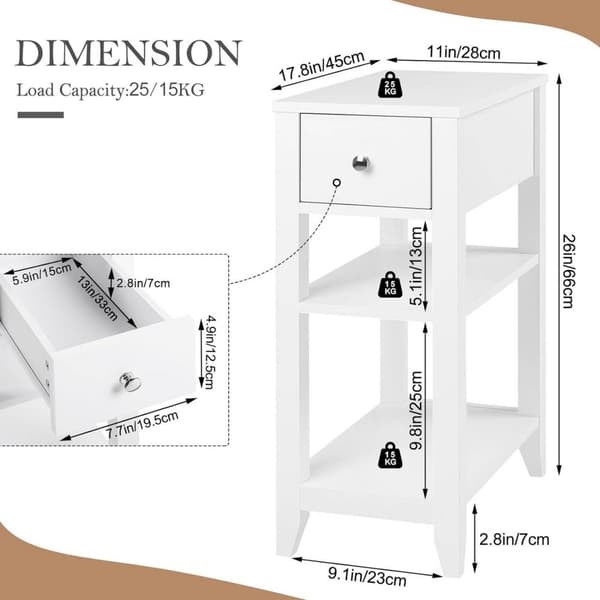 Rootz White Natbord - Sengebord - Opbevaringsskab - Ridsefast, let at rengøre, pladsbesparende - 45cm x 66cm x 28cm