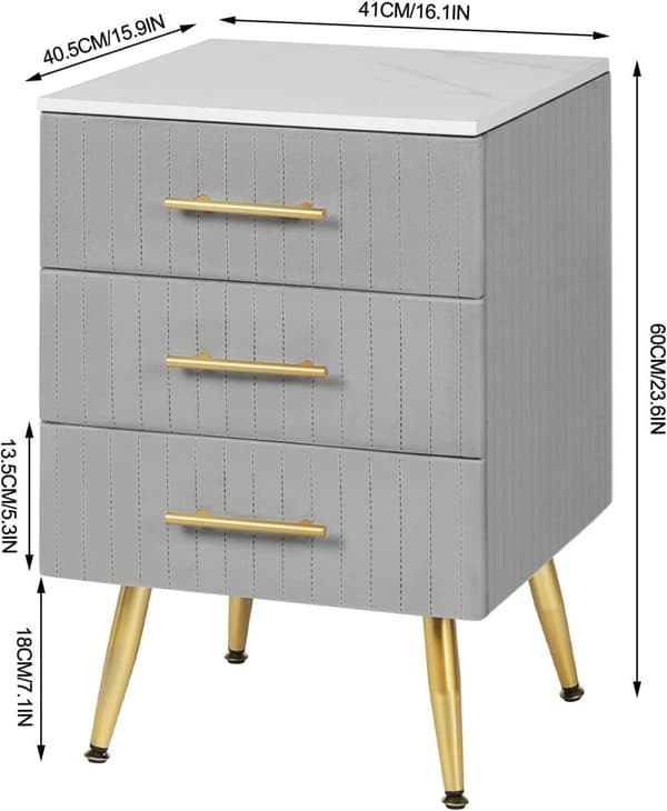 Rootz Elegant Grey Velvet -yöpöytä - Yöpöytä marmorilla - Säilytyslaatikot - Runsaasti tilaa, kestävä, helppo puhdistaa - 41 cm x 60 cm x 40,5 cm