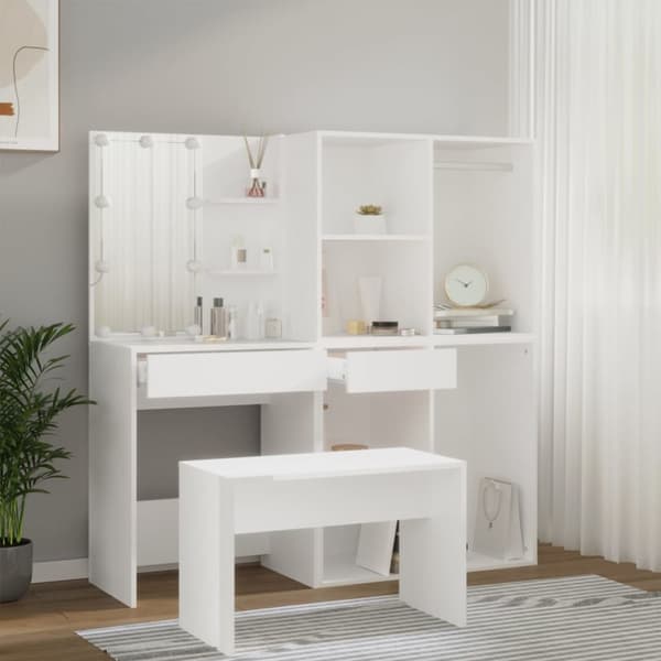 The Living Store makeupbordssæt med LED-lys konstrueret træ hvid -  Møbelsæt til soveværelse