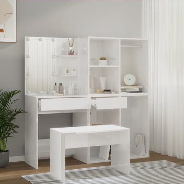The Living Store Sminkbord LED vit högglans konstruerat trä -  Möbelset för sovrum