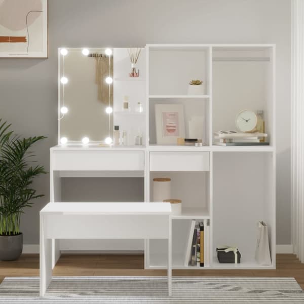 Møbelsæt til soveværelse - Living makeupbordssæt med LED-lys konstrueret træ hvid