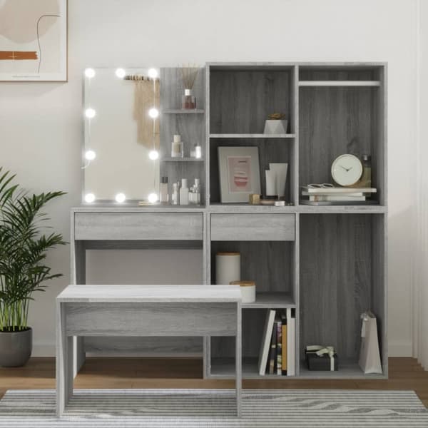 Sminkbord LED grå sonoma konstruerat trä - Sminkbord Med LED - Toalettbord Med LED - Home & Living