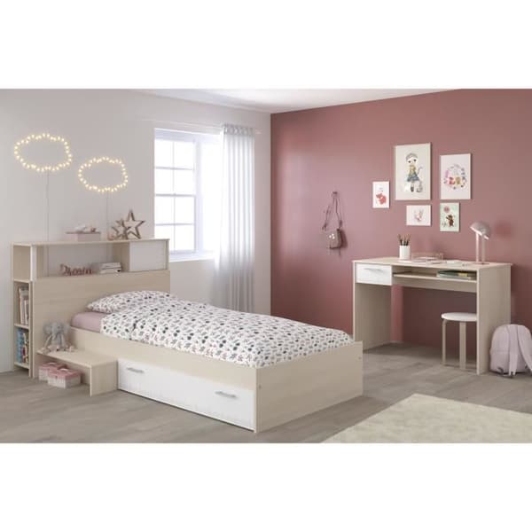 PARISOT Komplett barnsovrum Sänggavel + säng + skrivbord - Modern stil - Ljus och vit akaciadekor - CHARLEMAGNE
