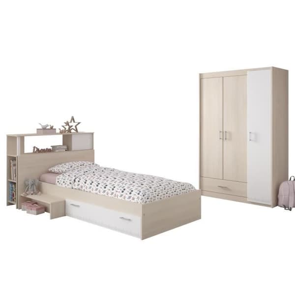 PARISOT Komplett barnsovrum - Sänggavel + säng + garderob - Modern stil - Ljus och vit akaciadekor - CHARLEMAGNE