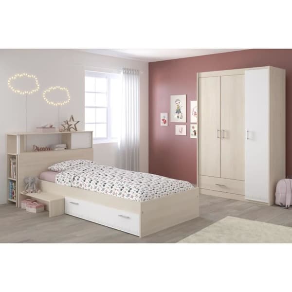 PARISOT Komplett barnsovrum - Sänggavel + säng + garderob - Modern stil - Ljus och vit akaciadekor - CHARLEMAGNE