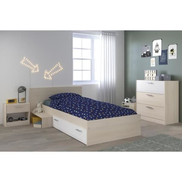 PARISOT Komplett barnrum i modern stil med ljus akacia och vit dekor - B 90 x L 190 cm - CHARLEMAGNE