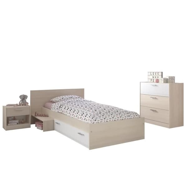 PARISOT Komplett barnrum i modern stil med ljus akacia och vit dekor - B 90 x L 190 cm - CHARLEMAGNE