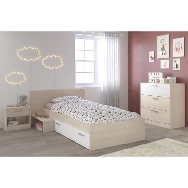 PARISOT Komplett barnrum i modern stil med ljus akacia och vit dekor - B 90 x L 190 cm - CHARLEMAGNE