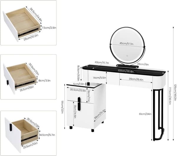 Rootz Deluxe Makeup Vanity - Toiletbord - Beauty Station - Justerbar LED-belysning - Rummelig opbevaring - Robust design - 100 cm x 125 cm x 40 cm