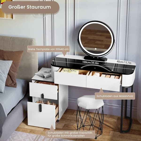 Rootz Deluxe Makeup Vanity - Toiletbord - Beauty Station - Justerbar LED-belysning - Rummelig opbevaring - Robust design - 100 cm x 125 cm x 40 cm
