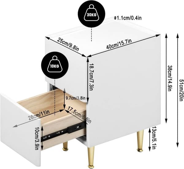 Rootz Modern Sengebord - Natbord - Opbevaringsenhed - Rigelig opbevaring, holdbart design, smarte sikkerhedsfunktioner - MDF, Metal - 25x51x40 cm