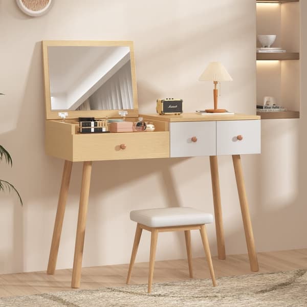 Make-up bord med opbevaringsspejl, 3 skuffer, flere opbevaringsrum, stor opbevaringskapacitet - Natur (skammel medfølger ikke)