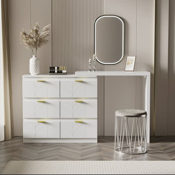 Skandinavisk modern snurrbar fåfänga med 6 lådor - dekorerad med blommotiv - Vit