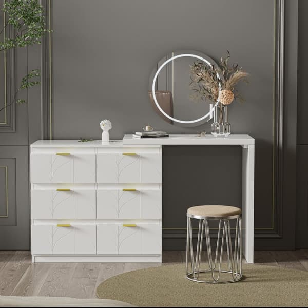 Scandinavian Modern Swivel Vanity med 6 skuffer - Dekoreret med blomstermotiv - Hvid