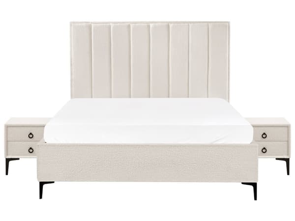 Soveromssett Off-white Boucle 160 x 200 cm Seng med oppbevaring 2 nattbord med skuffer Glamorøs stil