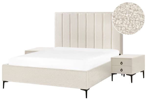Soveromssett Off-white Boucle 160 x 200 cm Seng med oppbevaring 2 nattbord med skuffer Glamorøs stil