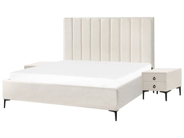 Soveromssett Boucle Off-white 180 x 200 cm Seng med Oppbevaring 2 Nattbord med Skuffer Glamorøs Stil