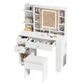 Miniatyrbillede 5 af 6: Moderne hvid kommode, oplyst kommode med spejl og skammel, justerbar lysstyrke, skuffer og åbne hylder