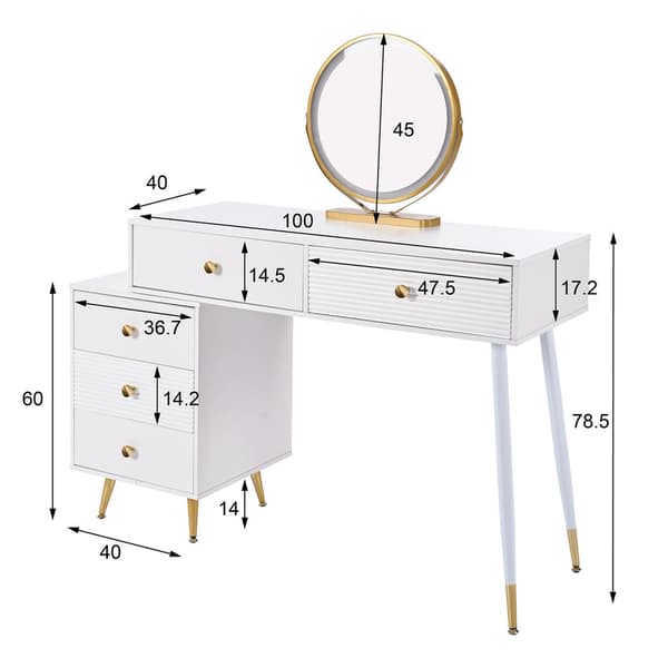 Hvid minimalistisk kommode med LED-belysning og spejl, med justerbare sideskabe og udtrækkeligt design, uden skammel