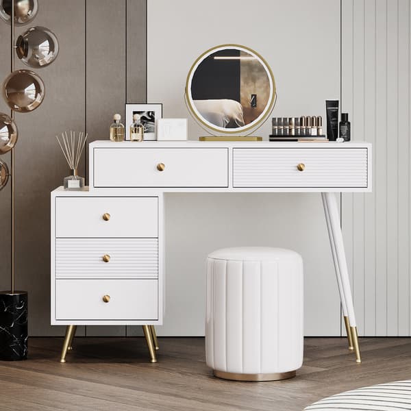 Hvid minimalistisk kommode med LED-belysning og spejl, med justerbare sideskabe og udtrækkeligt design, uden skammel
