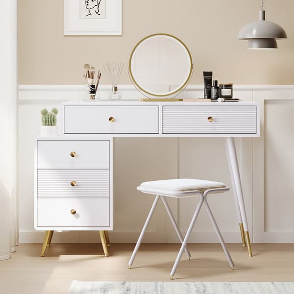 Hvid minimalistisk kommode med LED-belysning og spejl, med justerbare sideskabe og udtrækkeligt design, uden skammel