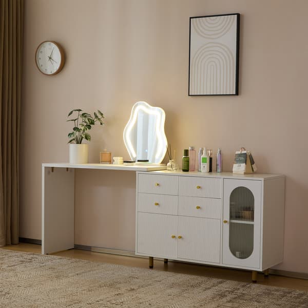 Valkoinen minimalistinen lipasto peilillä ja valaistuksella, ulosvedettävä pöytälevy, 3-värinen LED-valaistus