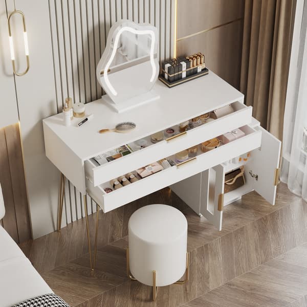 Hvidt kommodesæt med LED-oplyst spejl, udtrækkeligt design, moderne toiletbord til soveværelse, uden skammel