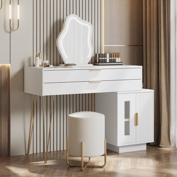 Hvidt kommodesæt med LED-oplyst spejl, udtrækkeligt design, moderne toiletbord til soveværelse, uden skammel
