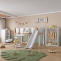 Miniatyrbild 1 av 2: Komplett set av sovrum, hög säng 3 delar + skåp + bokhylla, furu + MDF, vit + naturlig