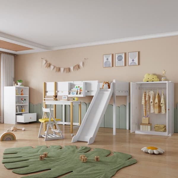 Komplett set av sovrum, hög säng 3 delar + skåp + bokhylla, furu + MDF, vit + naturlig