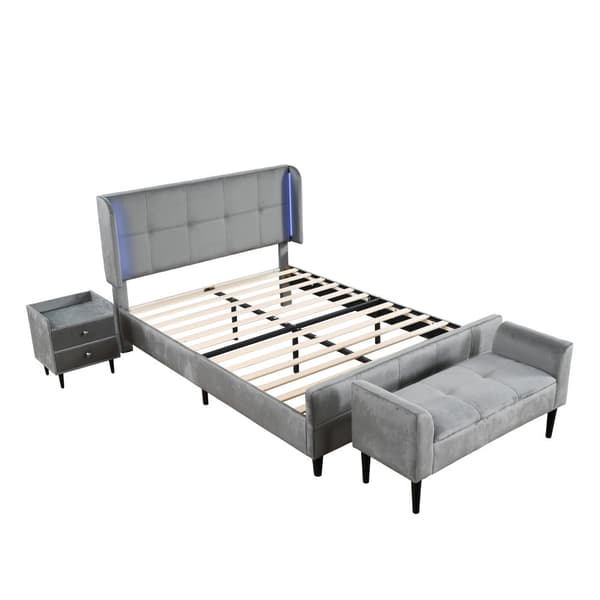 Komplet soveværelsessæt, moderne polstret seng + 1 natbord + Betthocker, 16-farvet LED-belysning, fløjl, grå (140x200 cm)