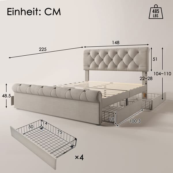 Polstringsbit 140x200 cm med 4 Schublader, Höhenverstellbares Kopfteil, Chesterfield Design, Inkl. Matratze, Natürlich