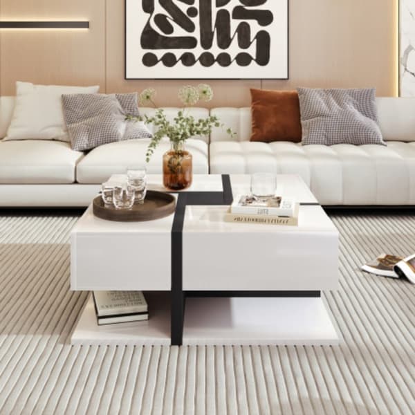 Högglansigt soffbord med 4 lådor, unik färgkombination och linjär design, med förvaringsutrymme under.