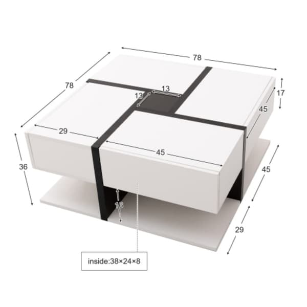 Högglansigt soffbord med 4 lådor, unik färgkombination och linjär design, med förvaringsutrymme under.