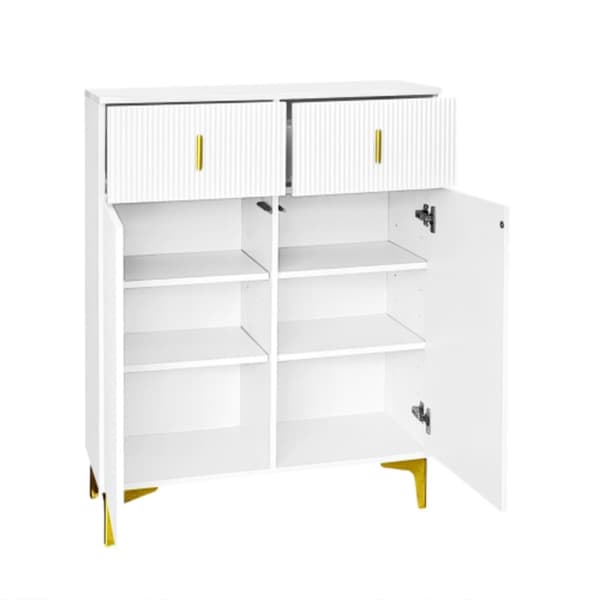 Elegant skänk / skoskåp med strukturerade paneler, justerbara hyllor och förgylld dekoration, vit