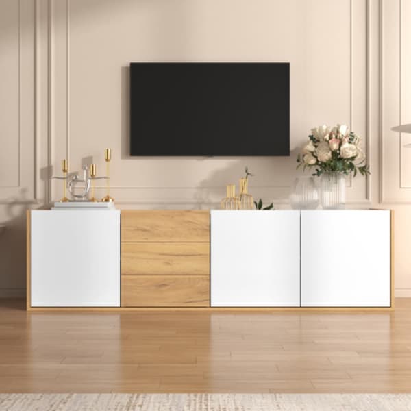 TV-bänk, låg panel i vitt och trä, kan hängas på väggen eller placeras på golvet