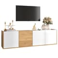 Miniatyrbild 2 av 8: TV-bänk, låg panel i vitt och trä, kan hängas på väggen eller placeras på golvet