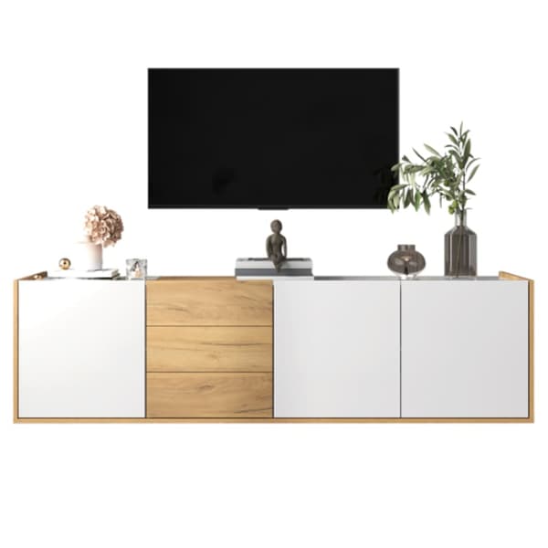 TV-bänk, låg panel i vitt och trä, kan hängas på väggen eller placeras på golvet