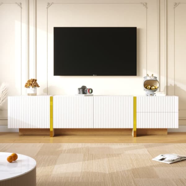 190 cm tv-bord, 3 låger, 2 skuffer, hvid med guld og træårer