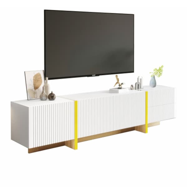 190 cm tv-bord, 3 låger, 2 skuffer, hvid med guld og træårer