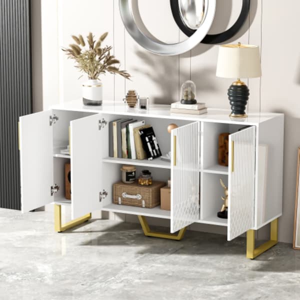 Högblank skänk, 4 dörrar, metallhandtag och ben, vitt geometriskt mönster, 140L*40B*80H