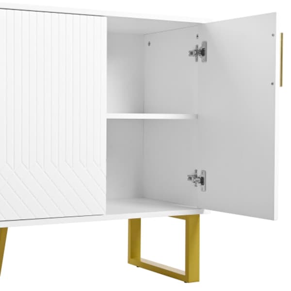 Högblank skänk, 4 dörrar, metallhandtag och ben, vitt geometriskt mönster, 140L*40B*80H