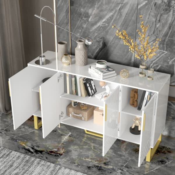 Högblank skänk, 4 dörrar, metallhandtag och ben, vitt geometriskt mönster, 140L*40B*80H