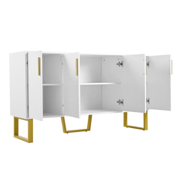 Högblank skänk, 4 dörrar, metallhandtag och ben, vitt geometriskt mönster, 140L*40B*80H