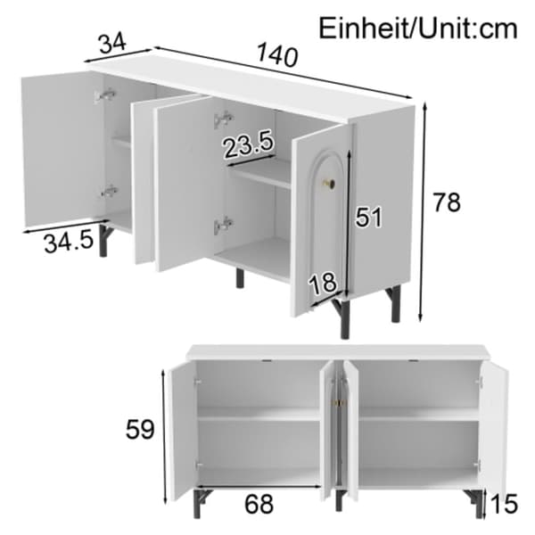 Modernt skänk med 4 dörrar - vit, 140 cm - snygg design, 3D-böjd front