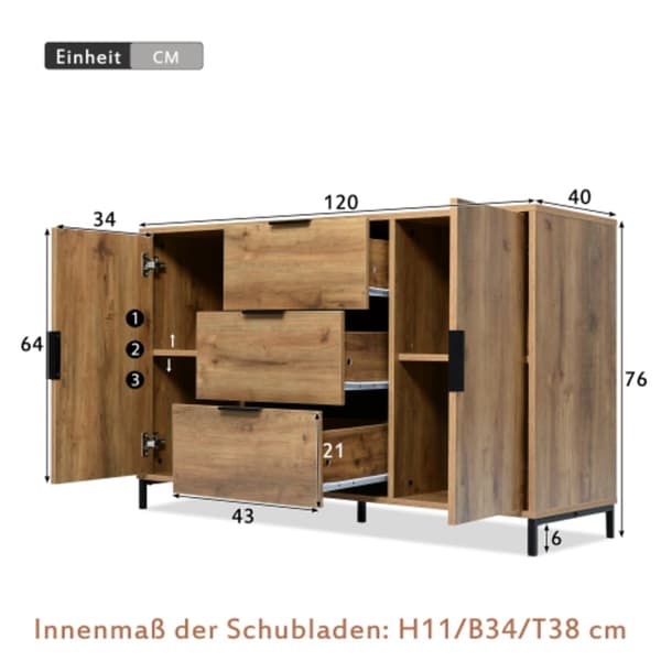 Kommode med 2 låger og 3 skuffer, 120 x 40 x 76 cm, mørk eg