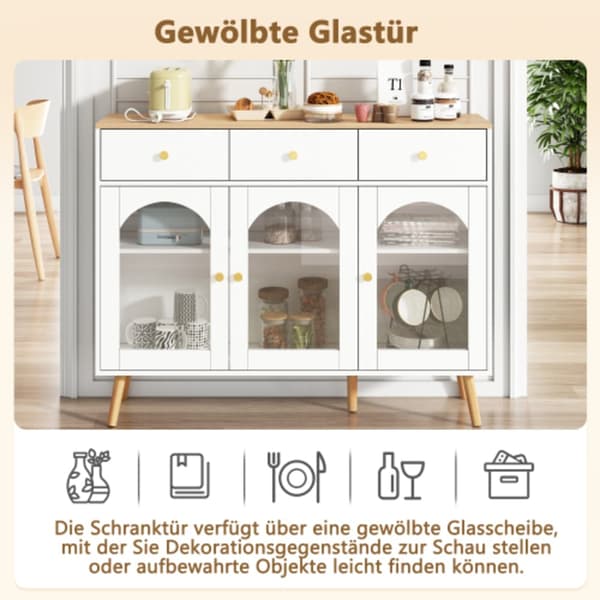 Skänk med 3 lådor och 3 böjda dörrar, med breda skåp i härdat glas, vitt och naturfärgat